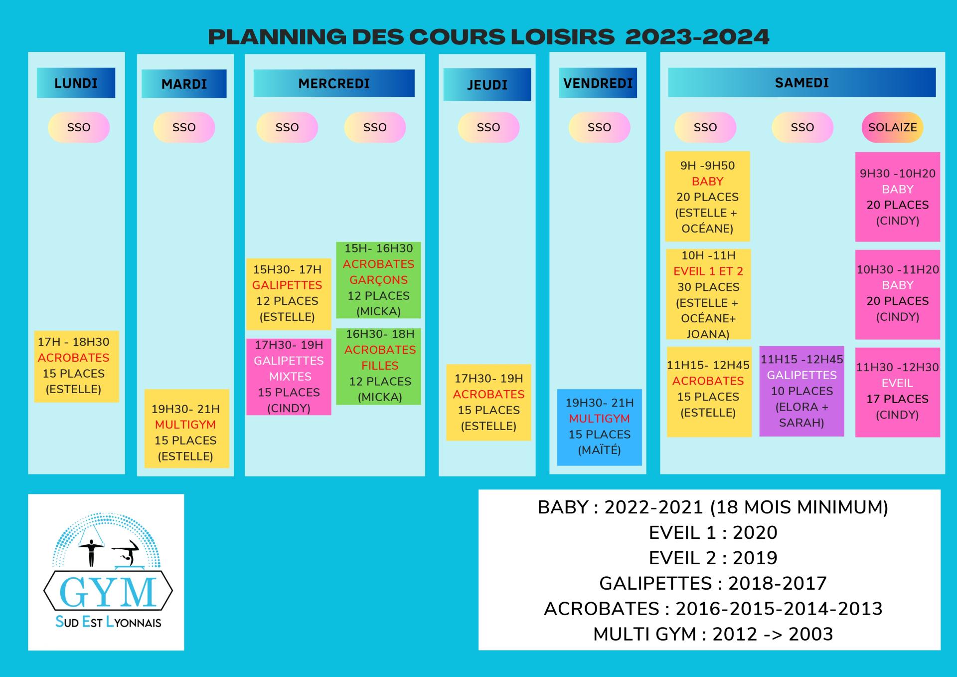 Planning des cours 2023 2024 Loisirs