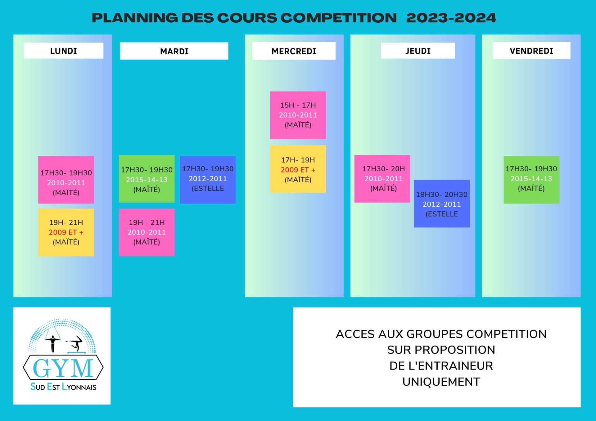 Planning des cours 2023 2024 Compétitions